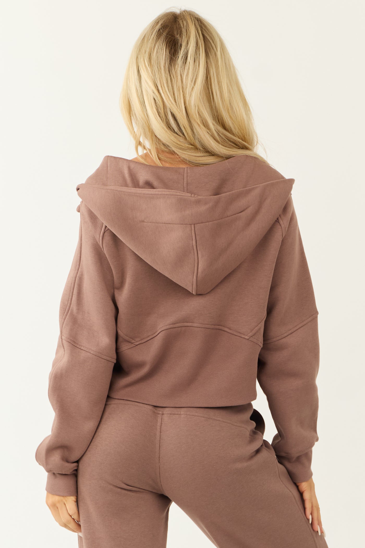 Coffee Zip Up Front Knit Hoodie with Thumbholes