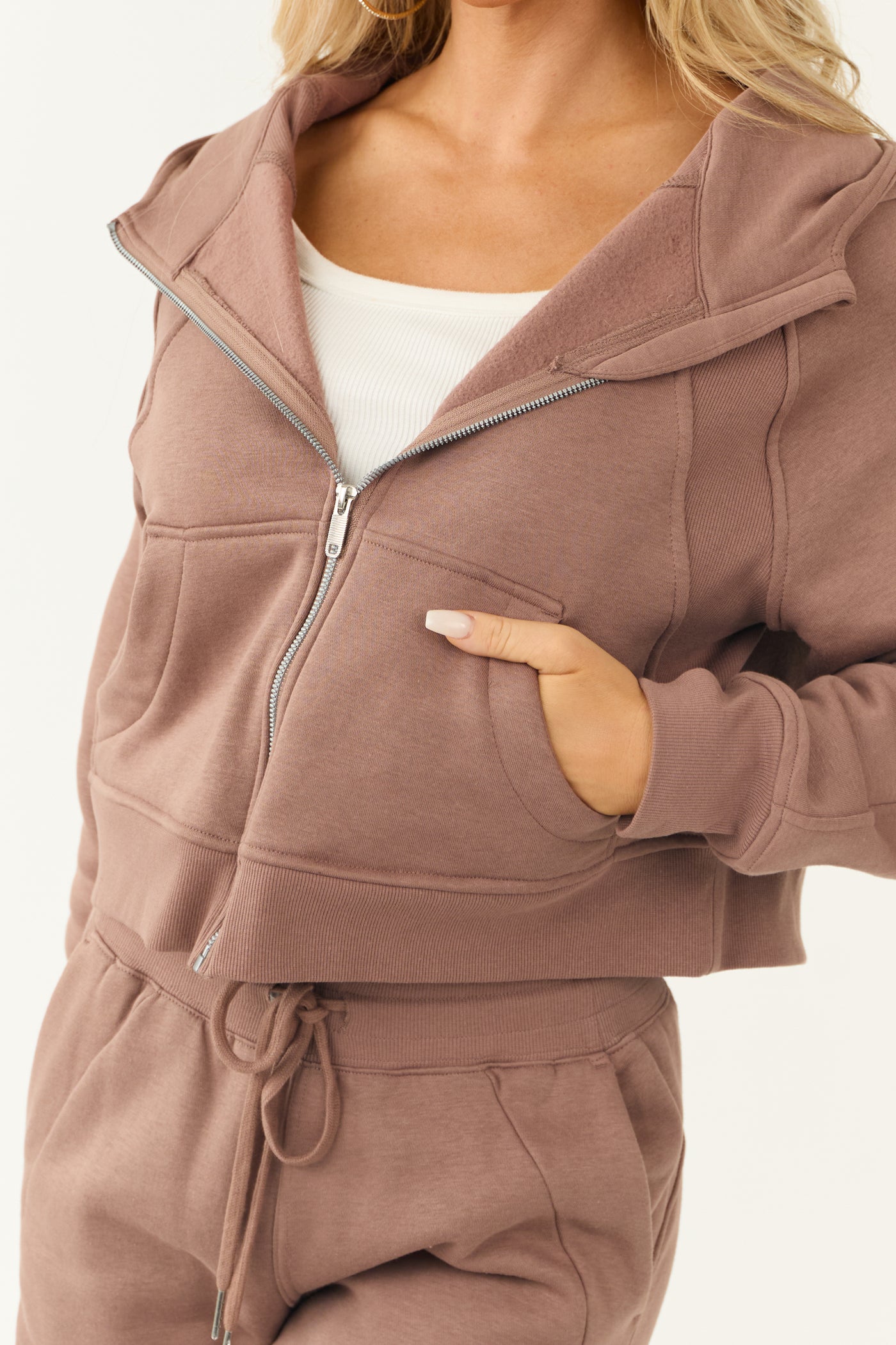 Coffee Zip Up Front Knit Hoodie with Thumbholes