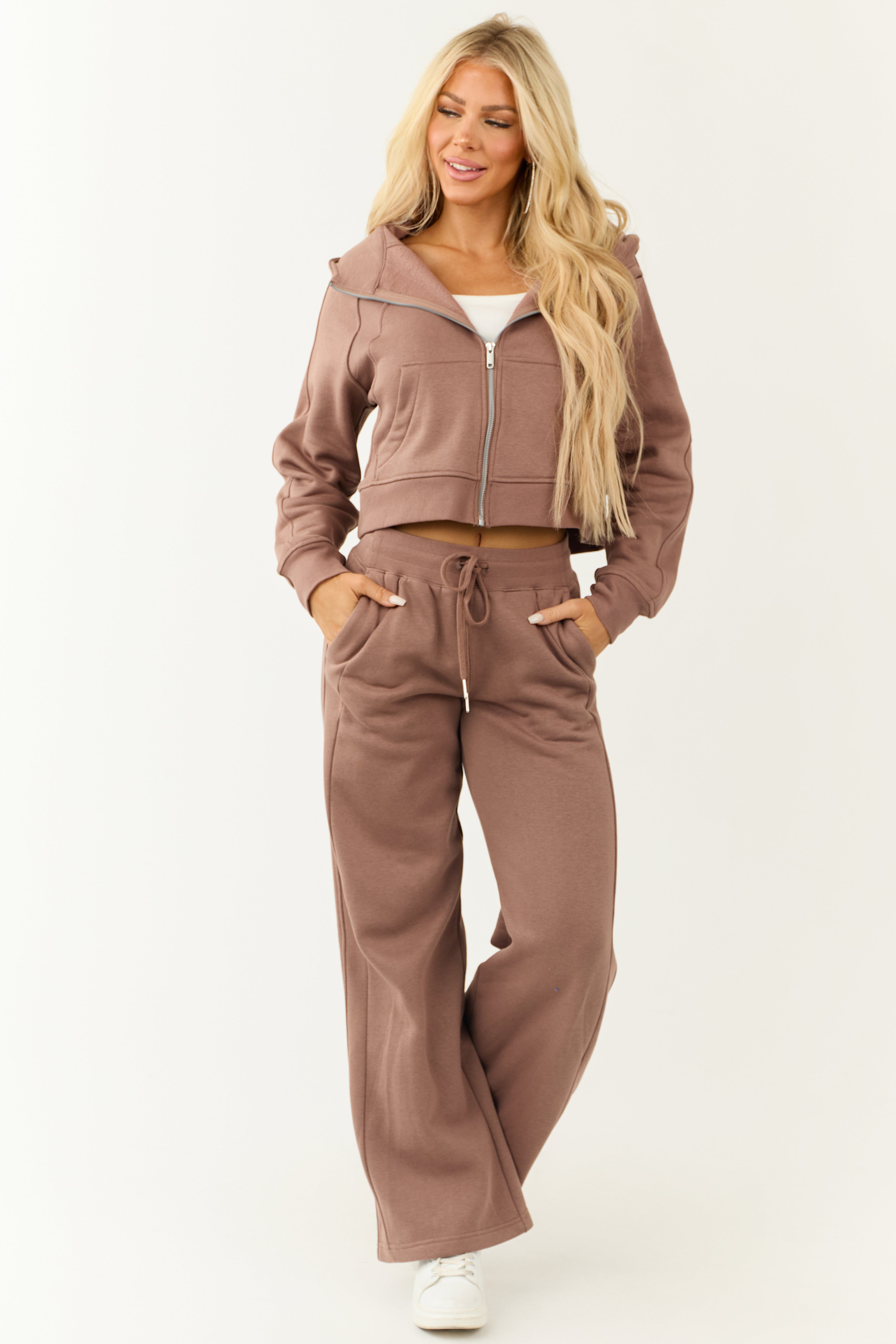 Coffee Zip Up Front Knit Hoodie with Thumbholes