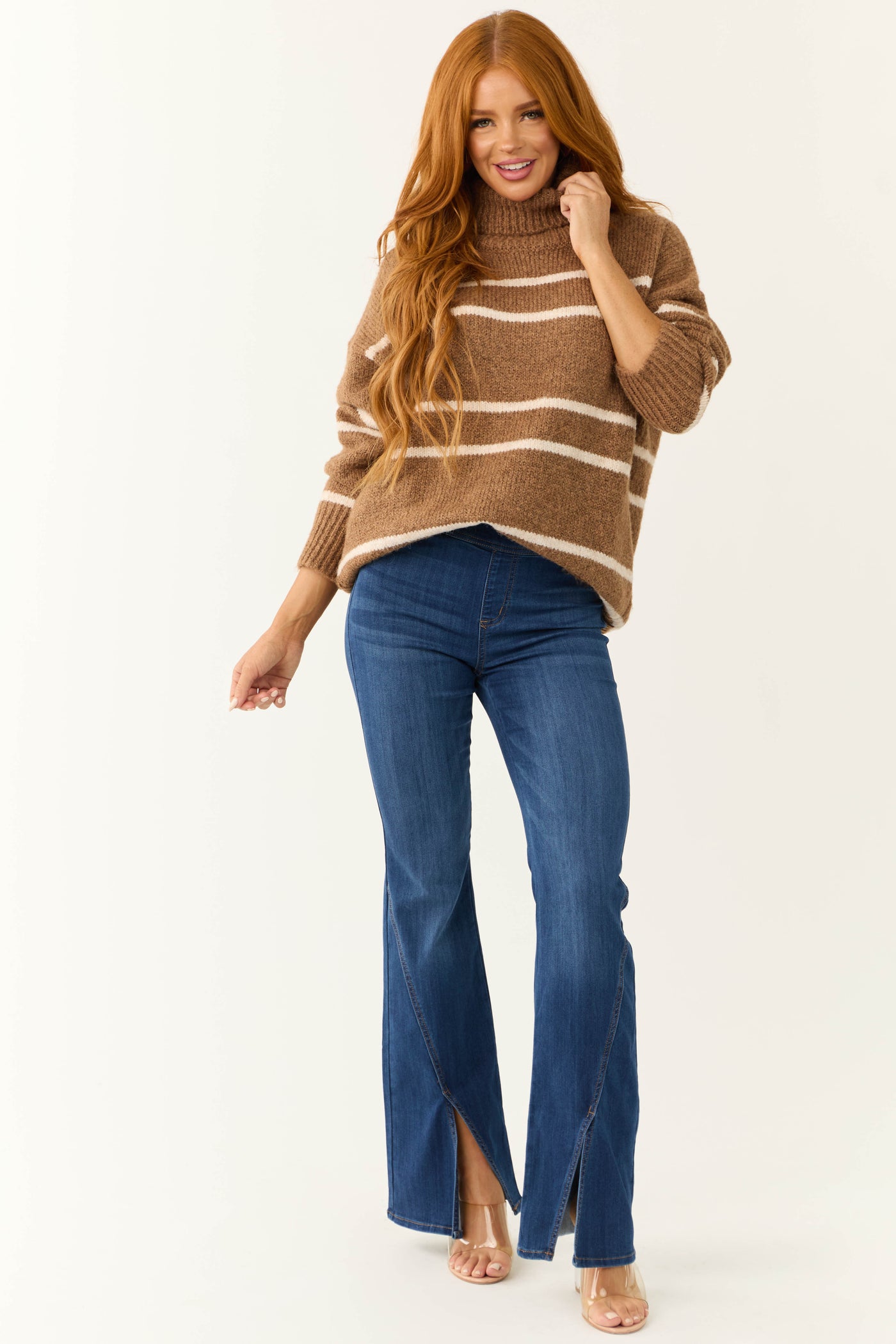 Coffee and Ivory Striped Turtleneck Sweater