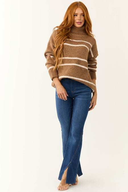 Coffee and Ivory Striped Turtleneck Sweater