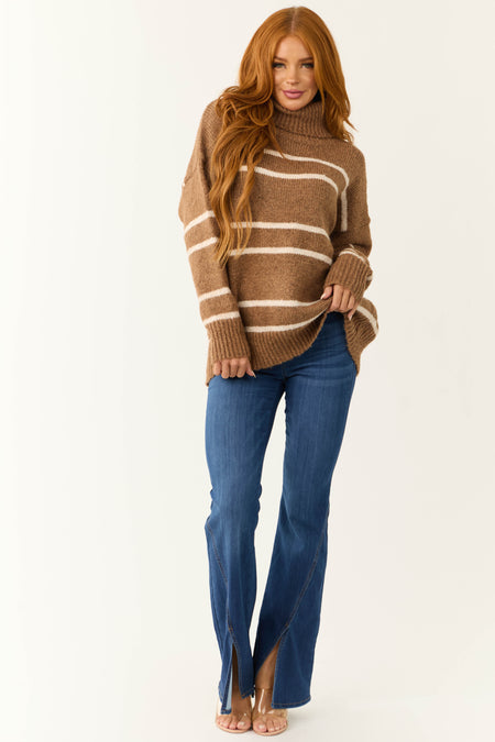 Coffee and Ivory Striped Turtleneck Sweater