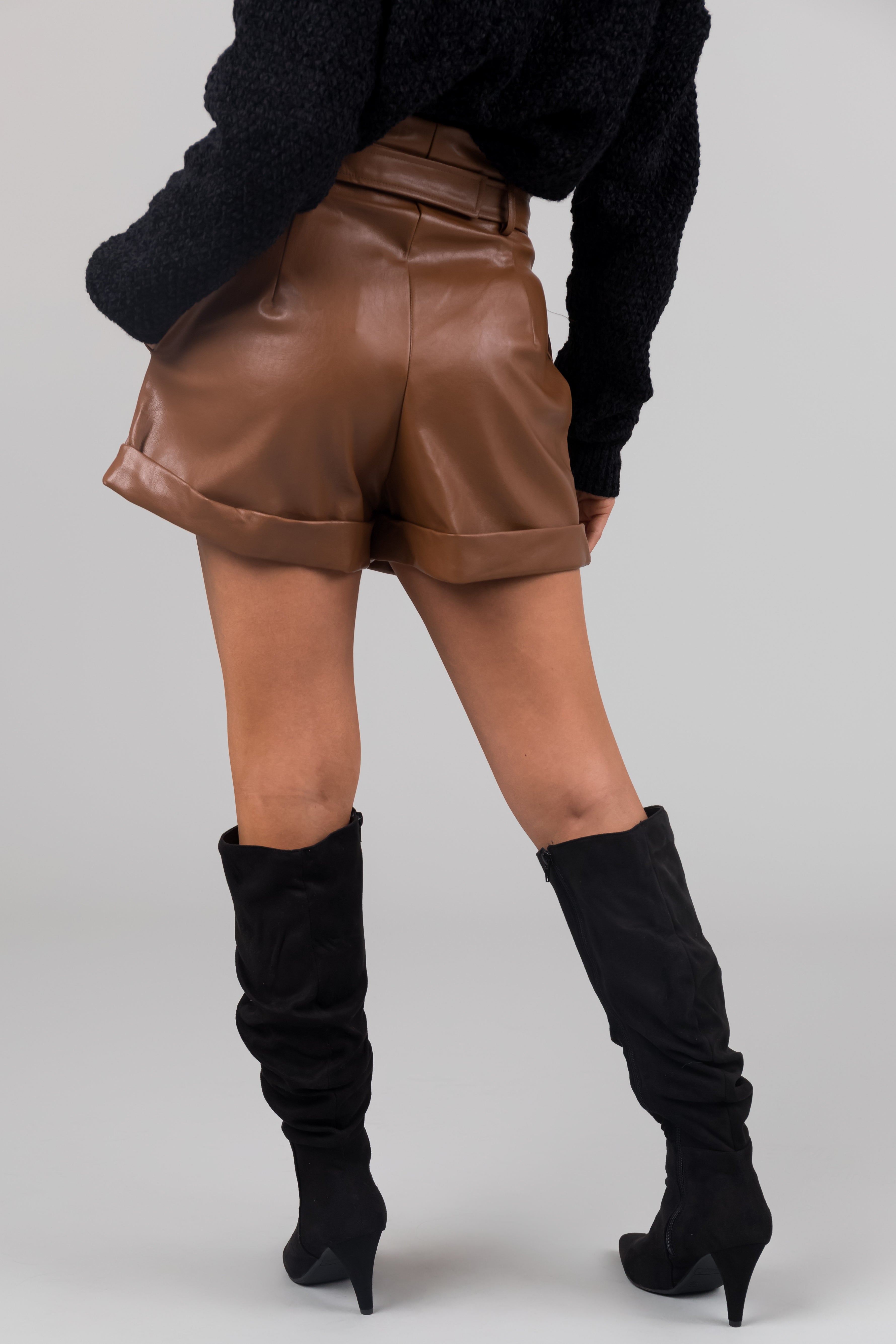 Cognac Belted Faux Leather Cuffed Shorts