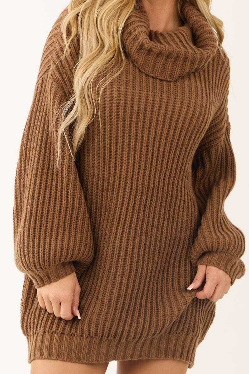 Cognac Chunky Ribbed Knit Turtleneck Tunic Sweater