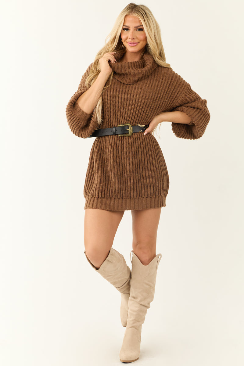 Cognac Chunky Ribbed Knit Turtleneck Tunic Sweater