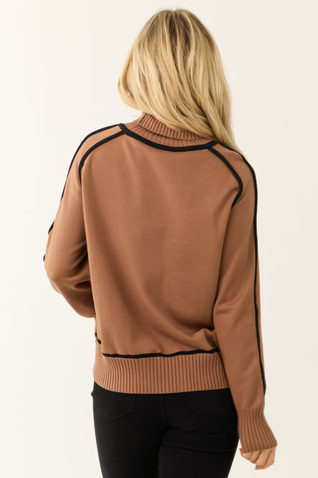 Cognac Contrast Trim Turtleneck Sweater