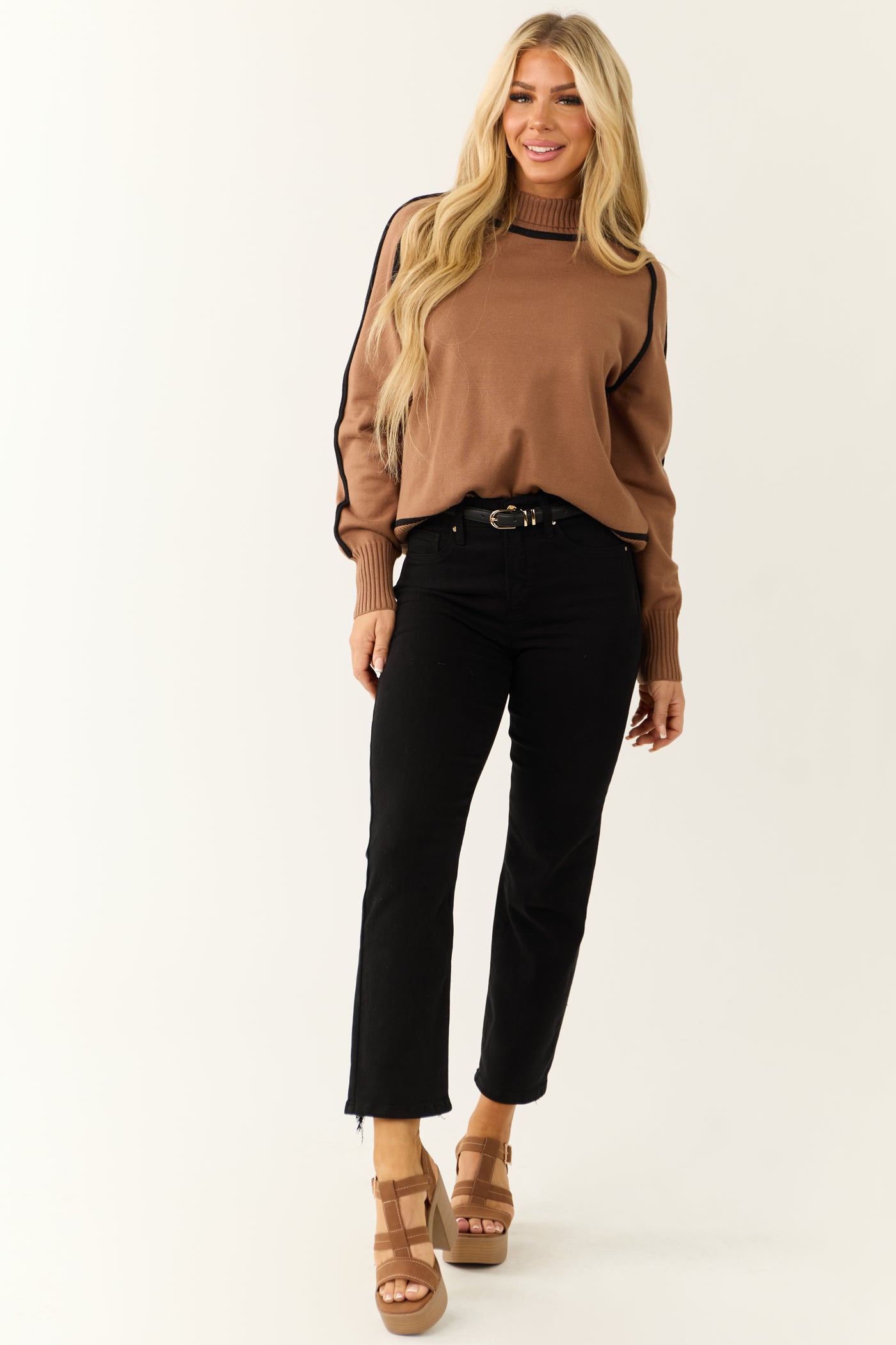 Cognac Contrast Trim Turtleneck Sweater