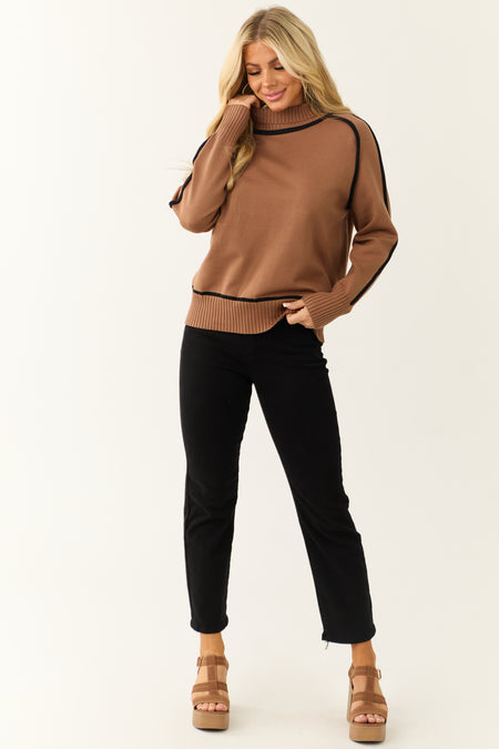 Cognac Contrast Trim Turtleneck Sweater