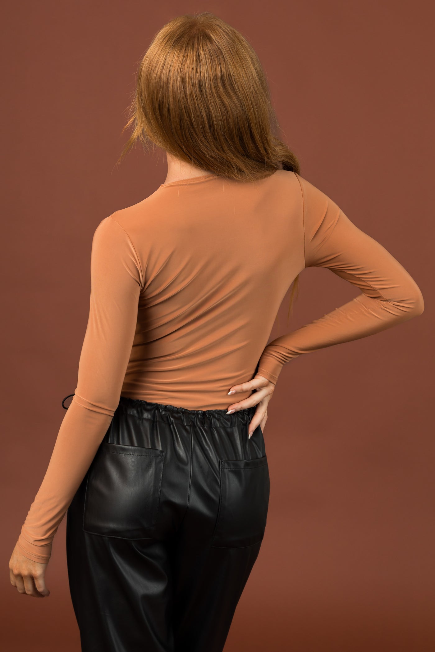 Cognac Deep V Bodysuit with Snap Buttons