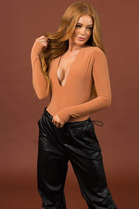 Cognac Deep V Bodysuit with Snap Buttons