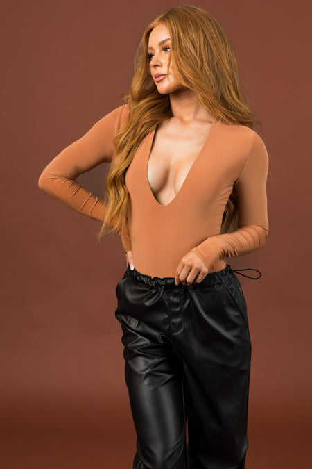 Cognac Deep V Bodysuit with Snap Buttons