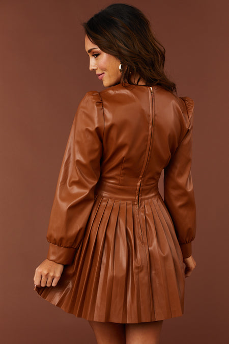 Cognac Faux Leather Surplice Pleated Mini Dress