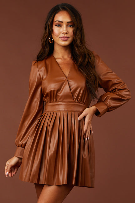 Cognac Faux Leather Surplice Pleated Mini Dress