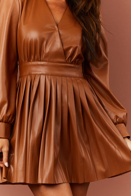 Cognac Faux Leather Surplice Pleated Mini Dress