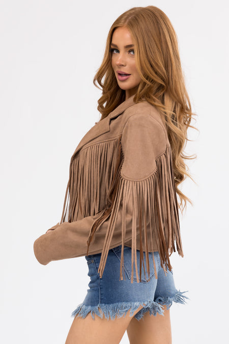 Cognac Faux Suede Fringe Open Front Jacket