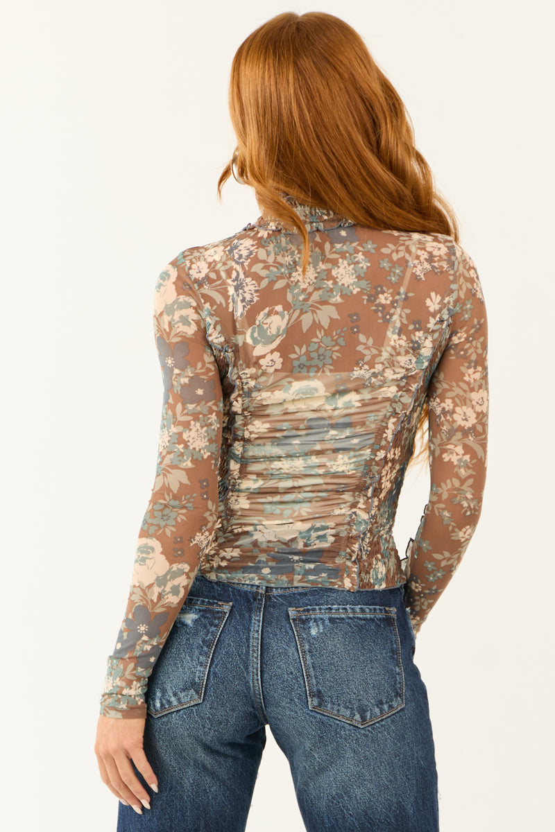 Cognac Floral Print Ruched and Smocked Mesh Top