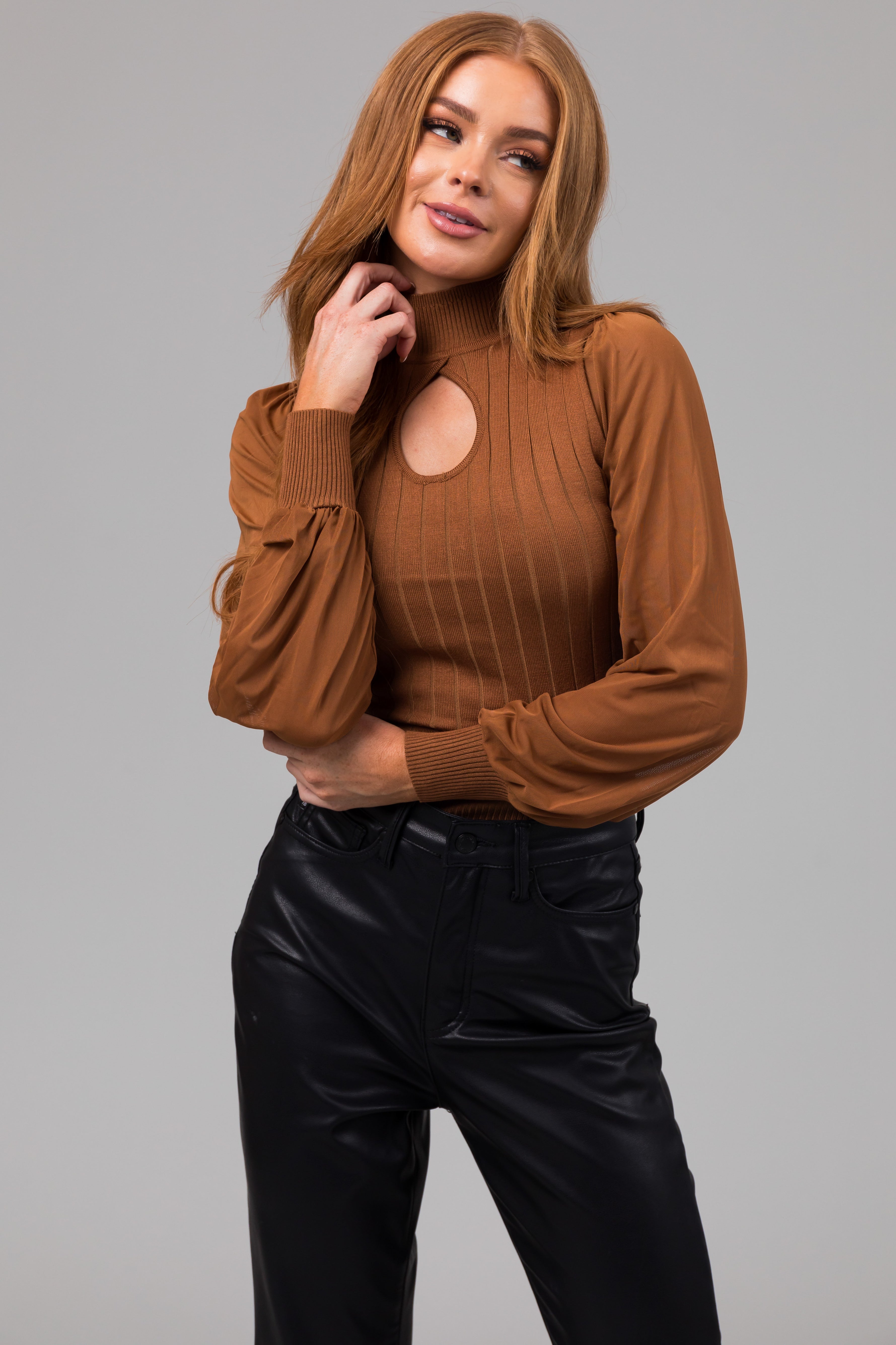 Cognac Mock Keyhole Neck Illusion Sleeve Top