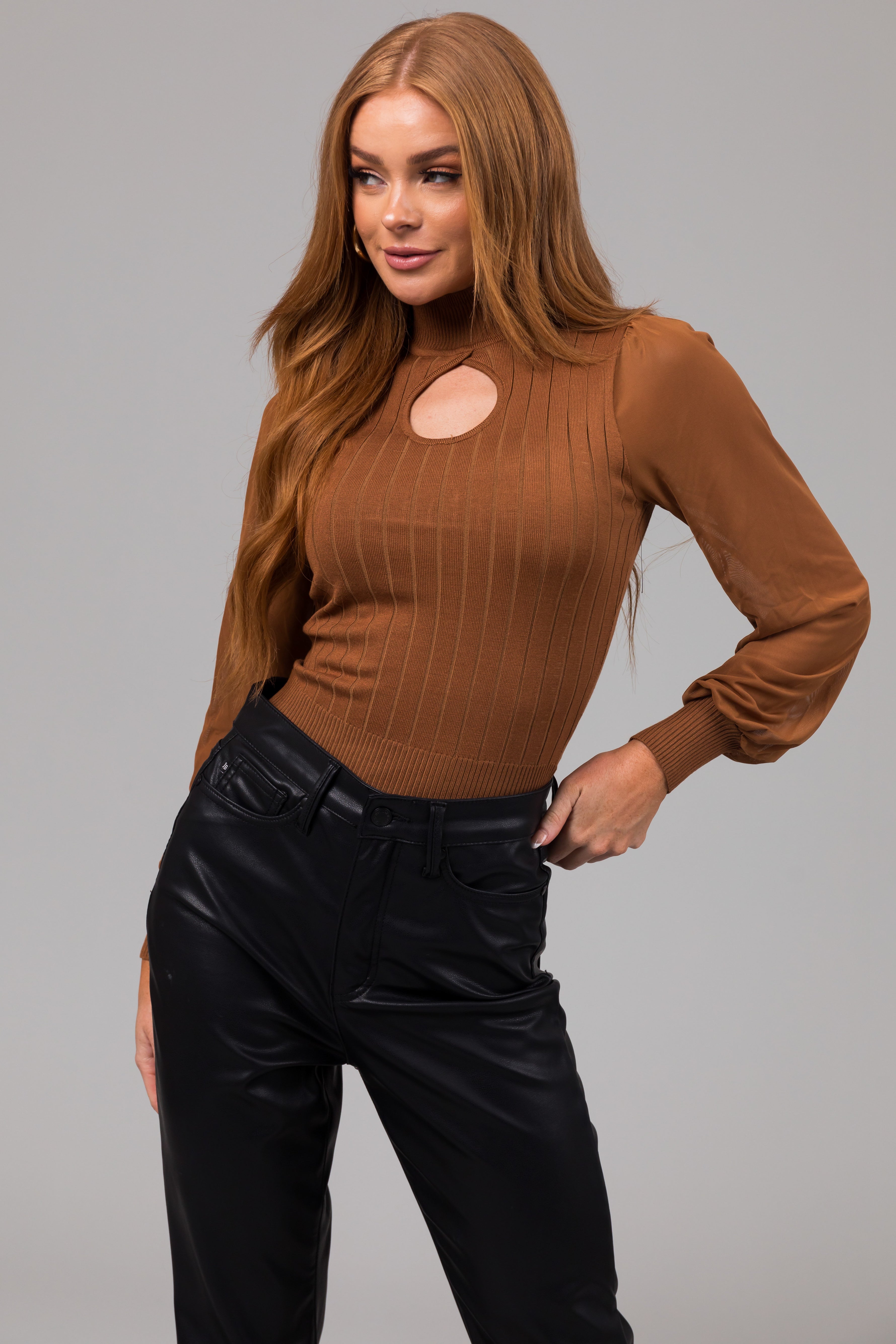 Cognac Mock Keyhole Neck Illusion Sleeve Top