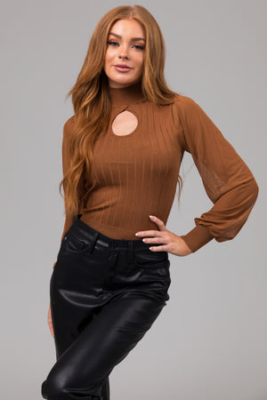 Cognac Mock Keyhole Neck Illusion Sleeve Top