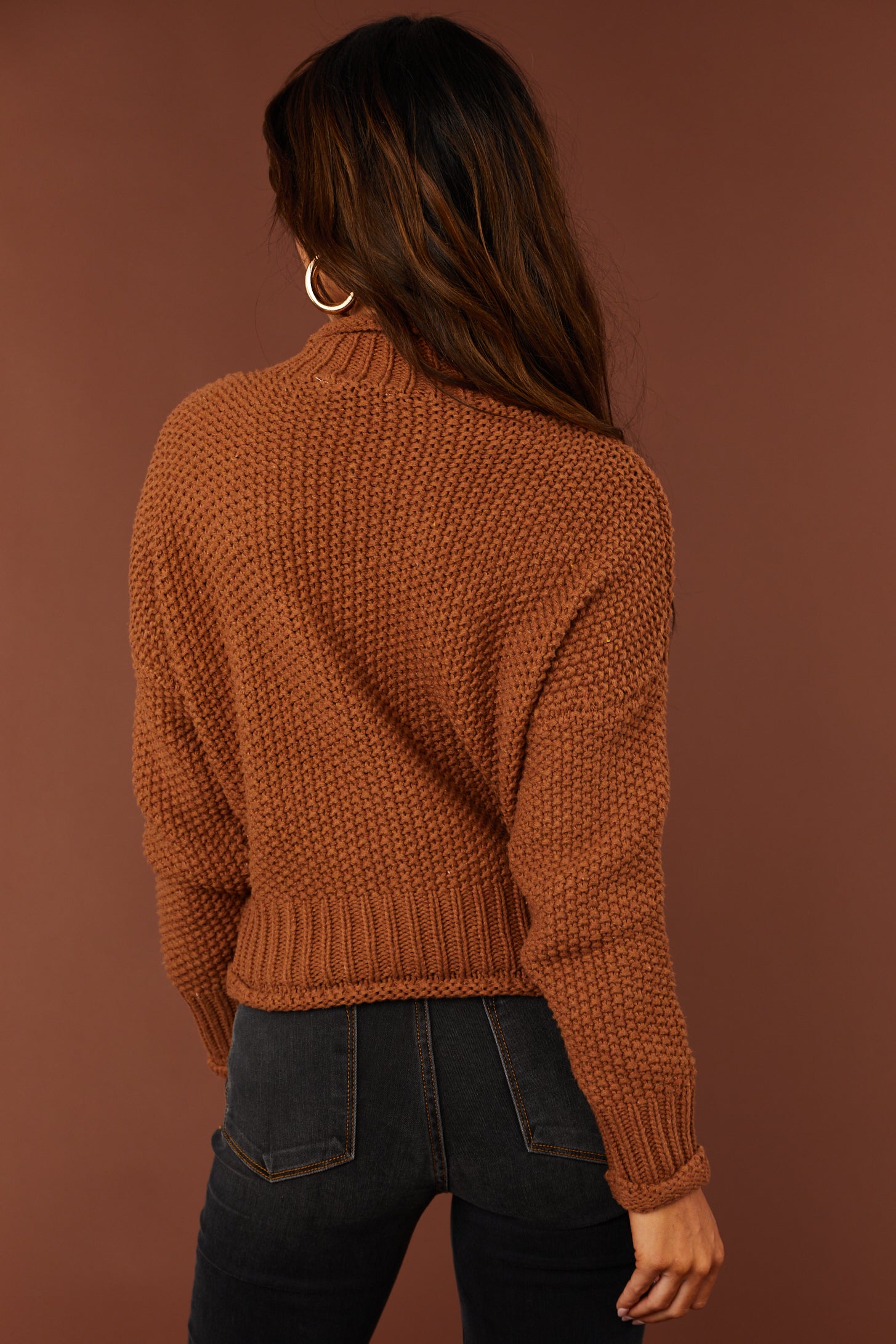 Cognac Mock Neck Rolled Hem Chunky Sweater