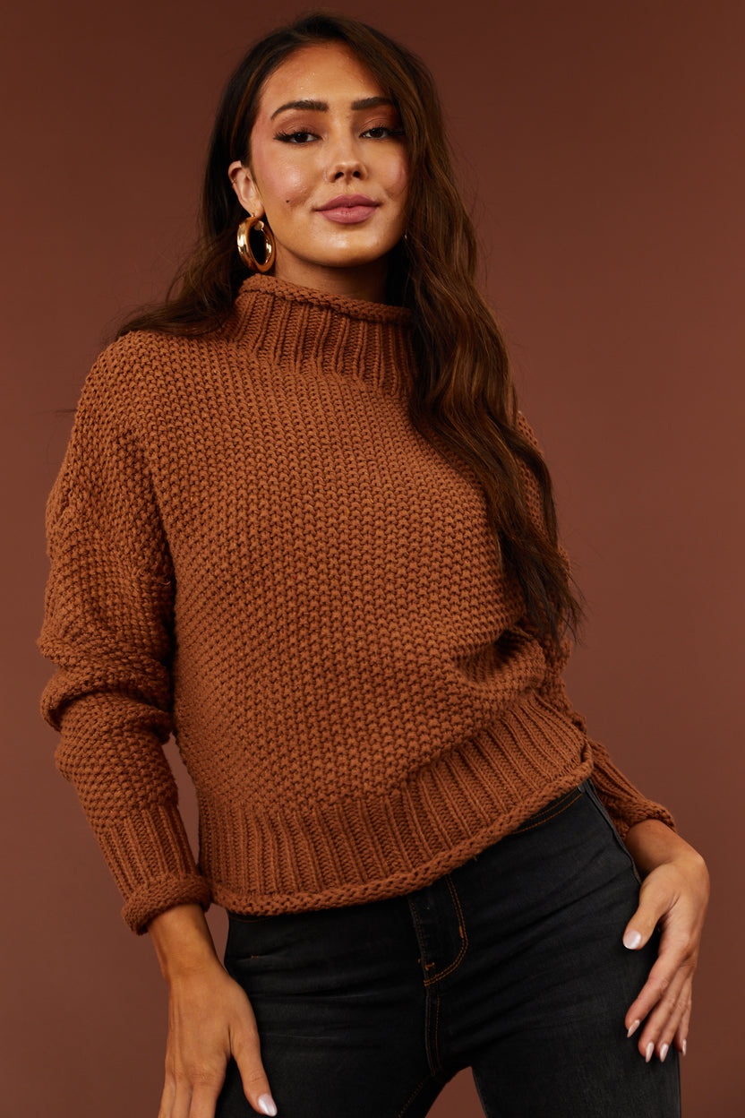 Cognac Mock Neck Rolled Hem Chunky Sweater