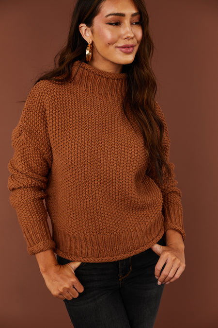 Cognac Mock Neck Rolled Hem Chunky Sweater