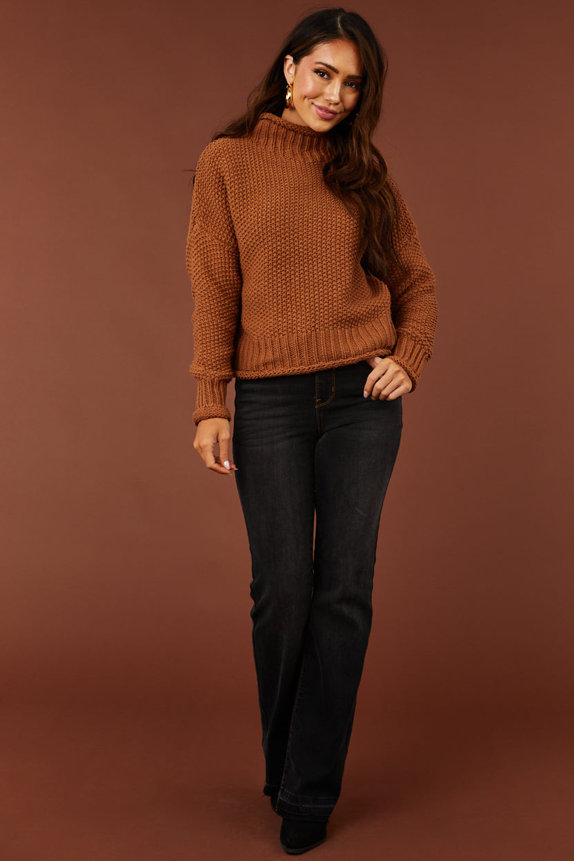 Cognac Mock Neck Rolled Hem Chunky Sweater