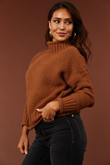 Cognac Mock Neck Rolled Hem Chunky Sweater