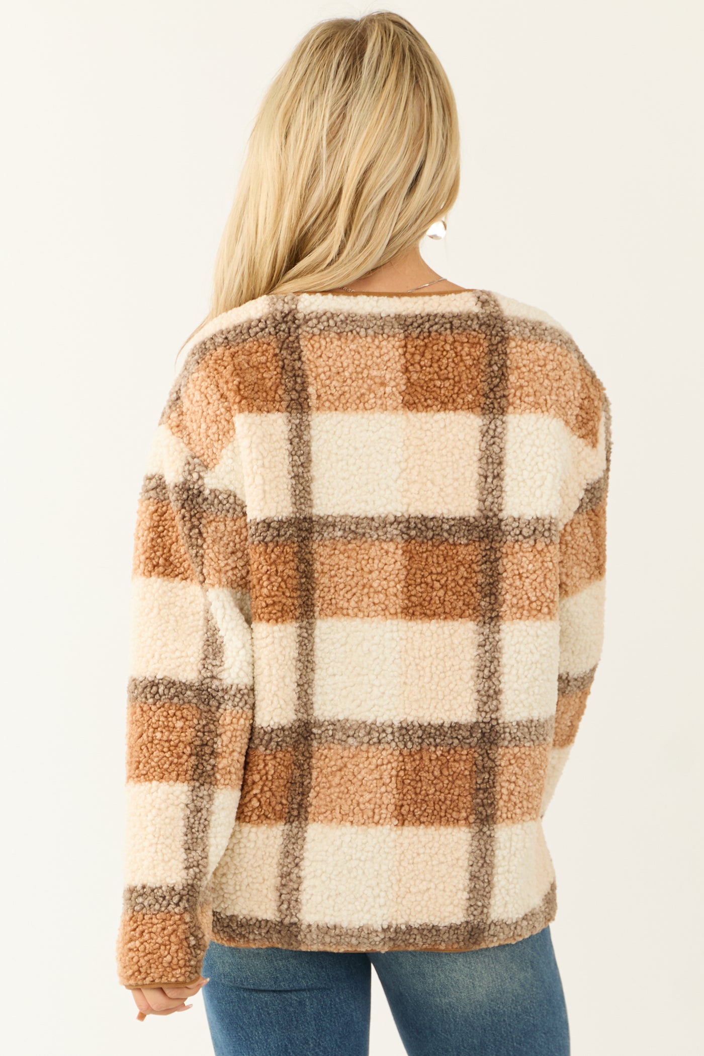 Cognac Plaid Sherpa Snap Button Jacket