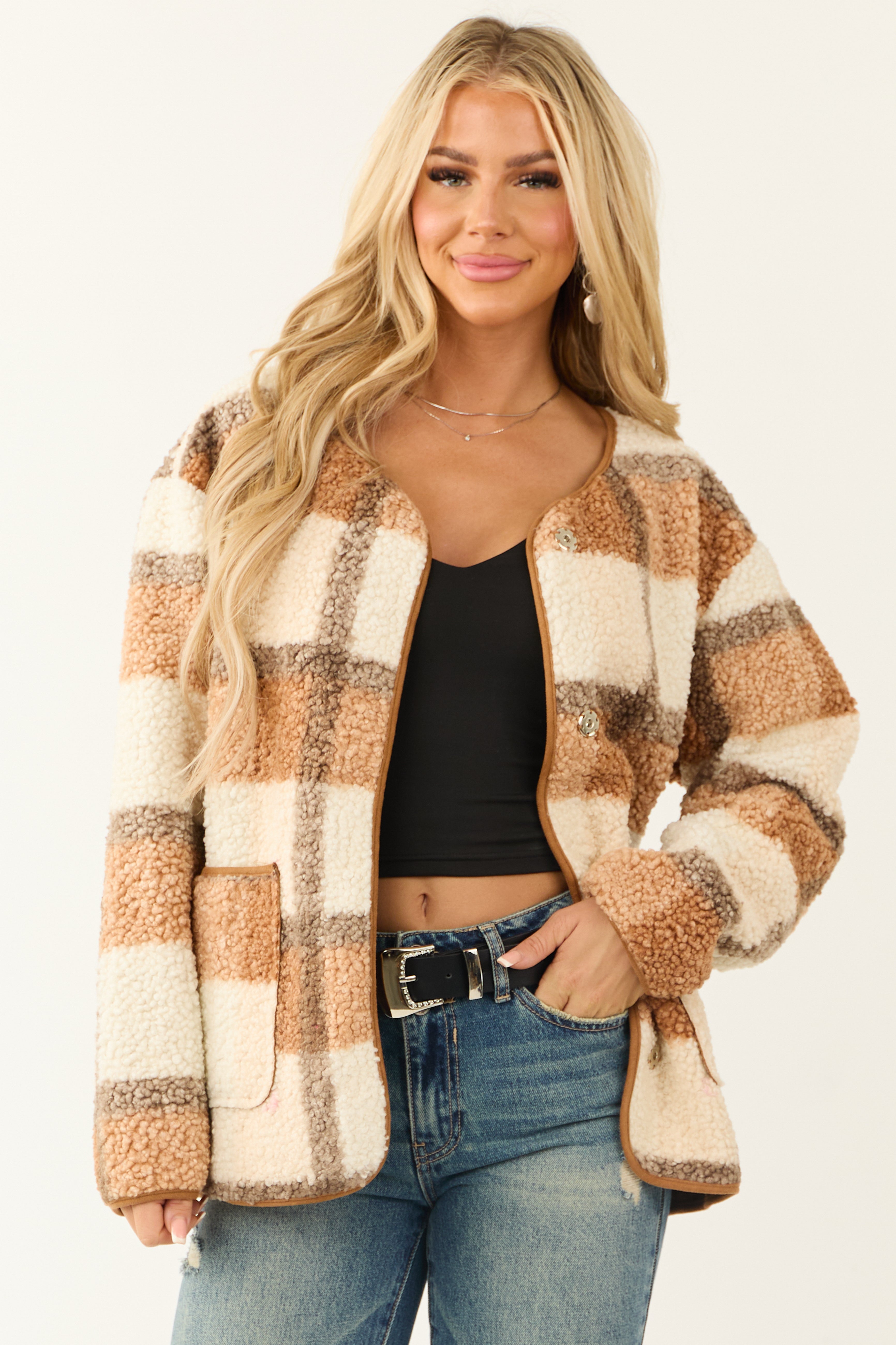 Cognac Plaid Sherpa Snap Button Jacket