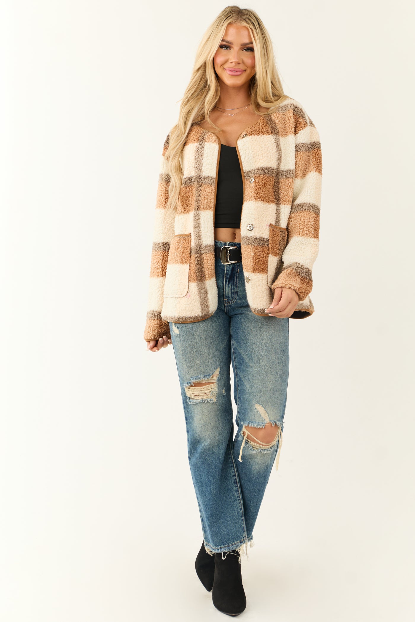 Cognac Plaid Sherpa Snap Button Jacket