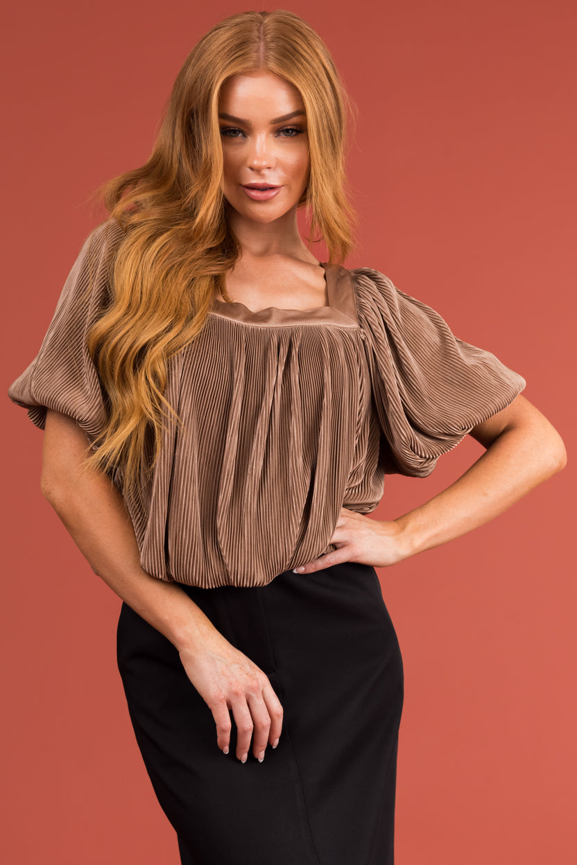 Cognac Plisse Satin Mid Sleeve Cropped Blouse