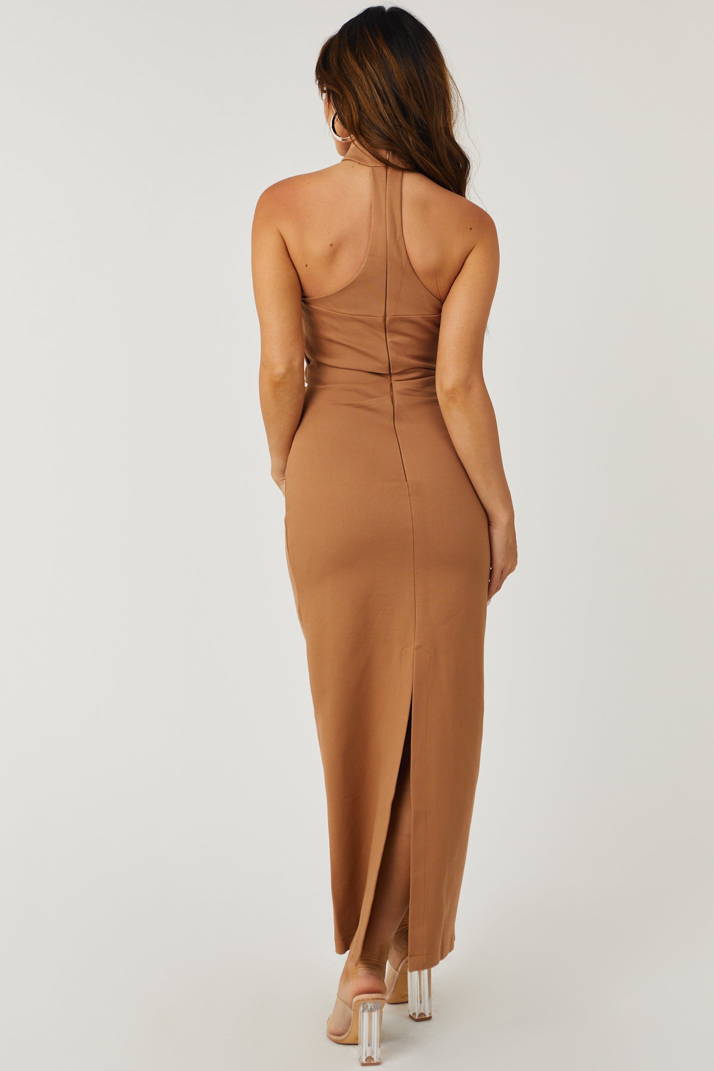 Cognac Racerback Mock Neck Strapless Midi Dress