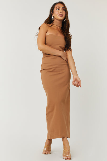 Cognac Racerback Mock Neck Strapless Midi Dress