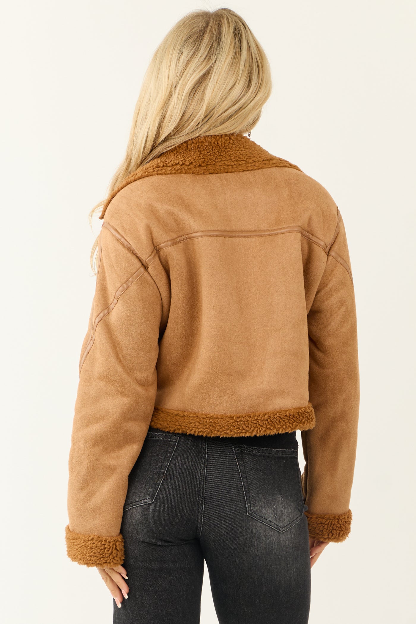 Cognac Sherpa Lined Faux Suede Jacket