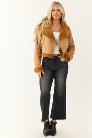 Cognac Sherpa Lined Faux Suede Jacket