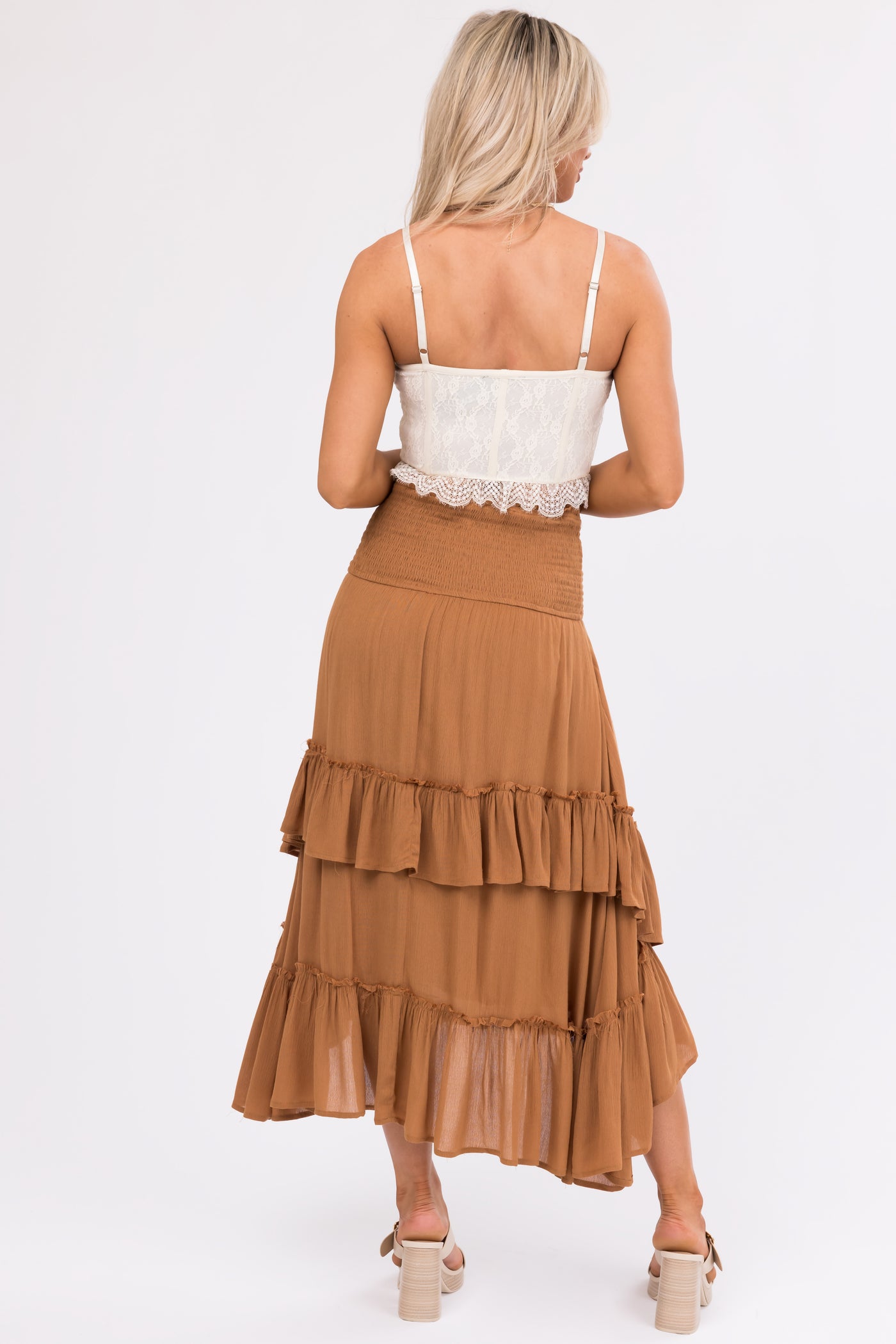 Cognac Smocked Convertible Midi Skirt Short Dress