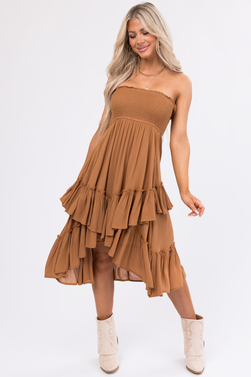 Cognac Smocked Convertible Midi Skirt Short Dress