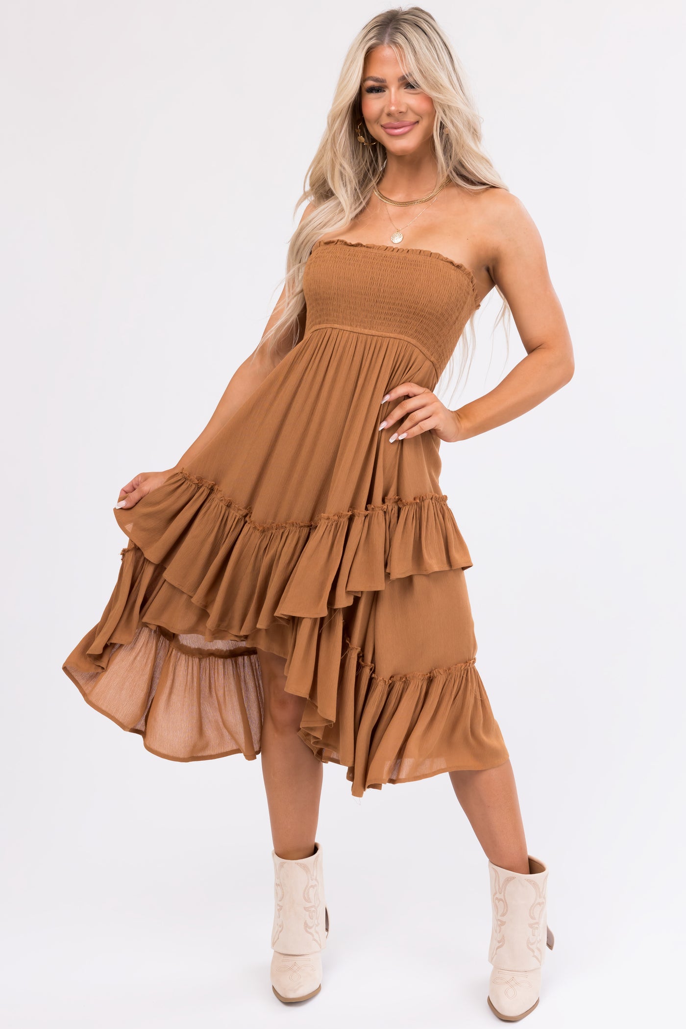 Cognac Smocked Convertible Midi Skirt Short Dress