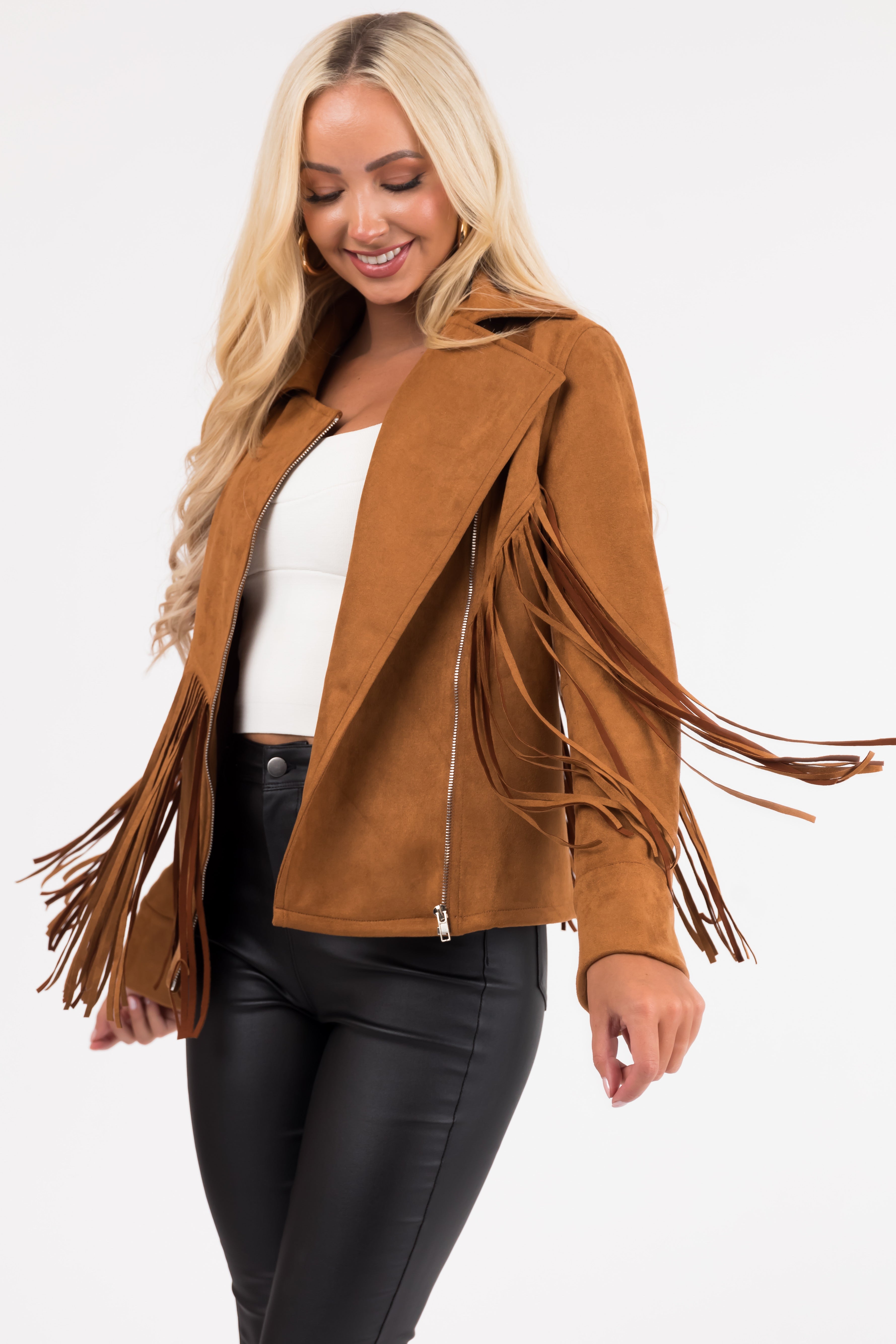 Cognac Suede Jacket with Fringe | Lime Lush