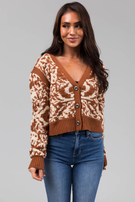 Cognac Two Tone Slightly Cropped Button Cardigan