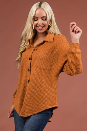 Cognac Waffle Knit Button Up Shacket