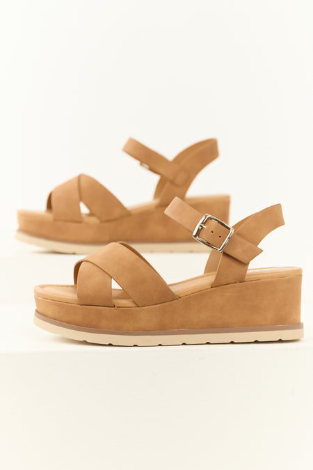 Cognac Criss Cross Strap Platform Wedges