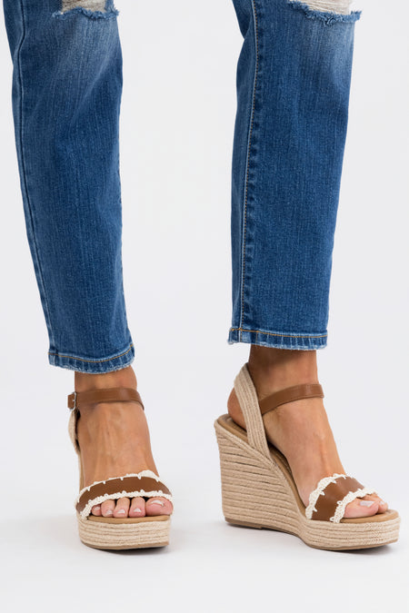 Cognac Crochet Trim Strap Espadrille Wedges