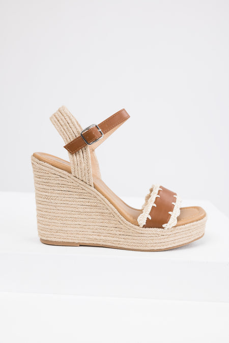 Cognac Crochet Trim Strap Espadrille Wedges