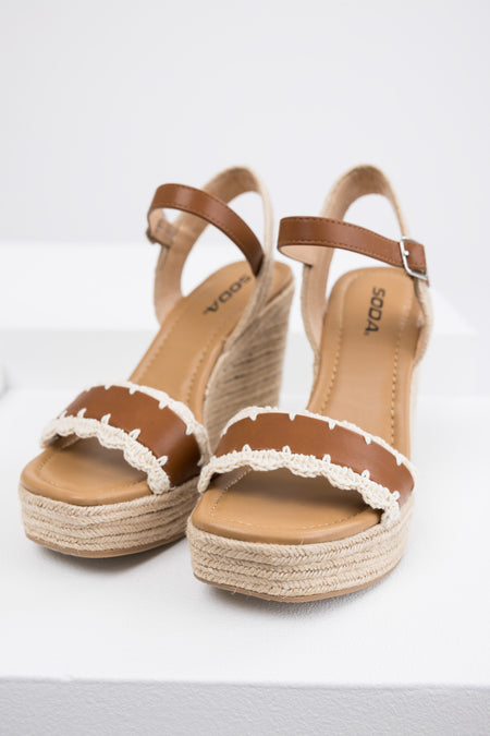 Cognac Crochet Trim Strap Espadrille Wedges