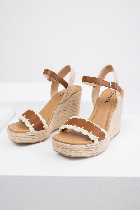 Cognac Crochet Trim Strap Espadrille Wedges