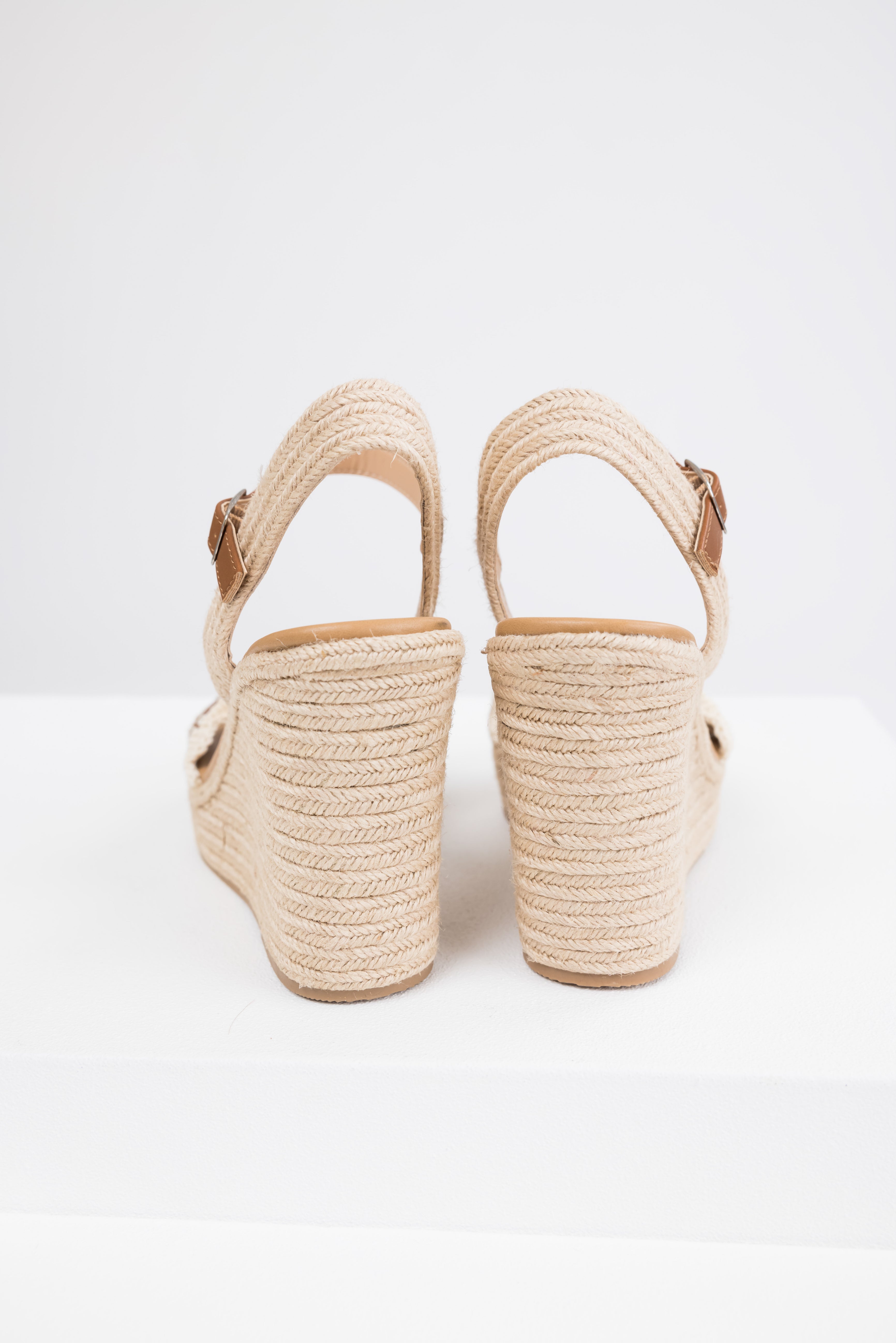 Cognac Crochet Trim Strap Espadrille Wedges