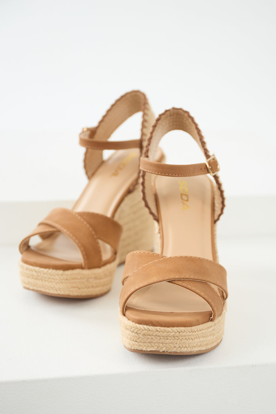 Cognac Cross Strap Platform Espadrille Wedges