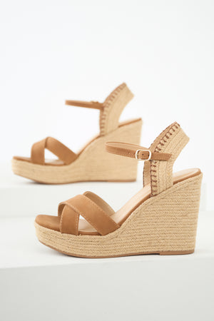 Cognac Cross Strap Platform Espadrille Wedges